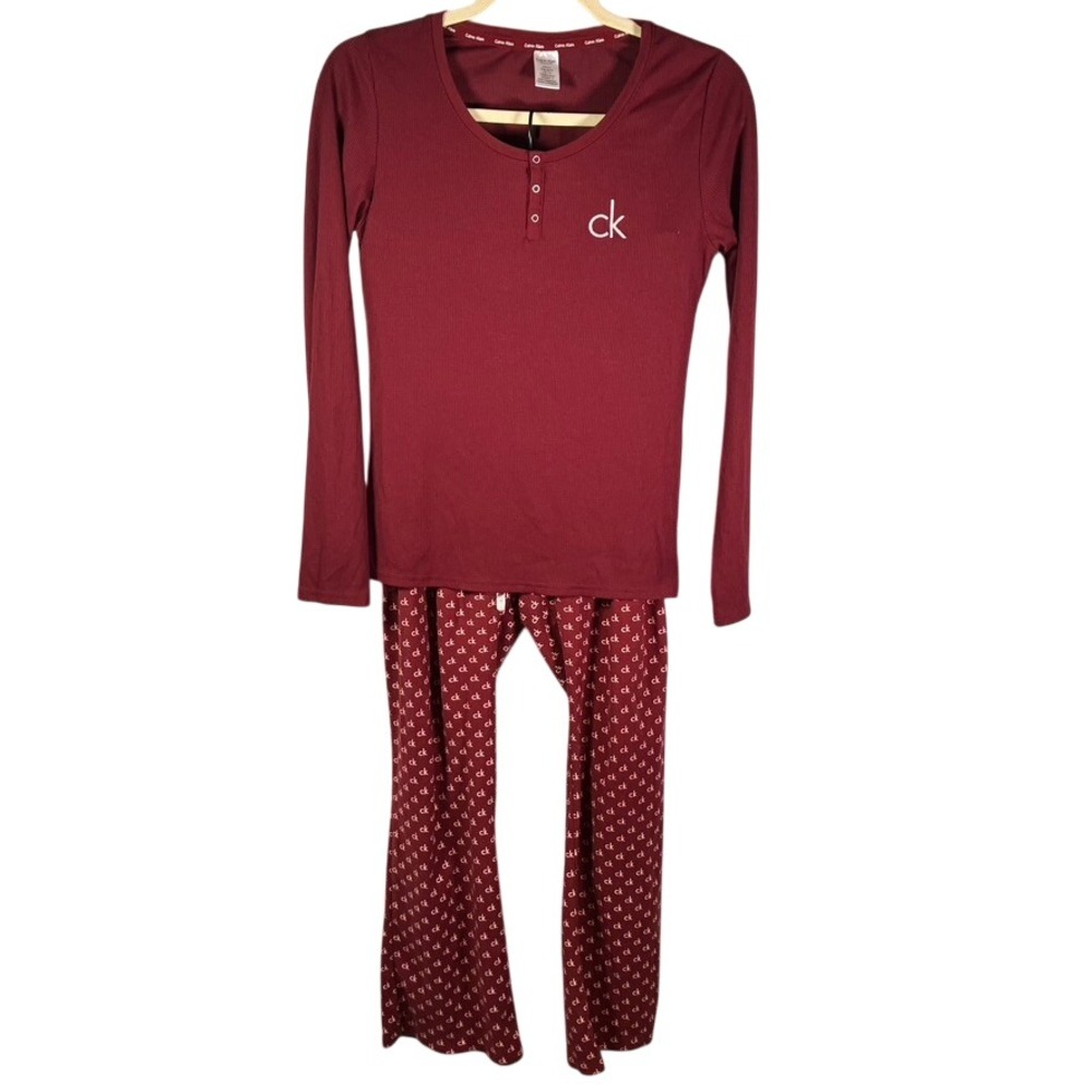 Calvin Klein Sleepwear‎ Pajama Set Top Pants Burgundy CK Logo Ribbed Size S